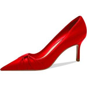 Women Red Faux Leather Pointed Toe Pumps Twist Knot Stiletto Mid Heel